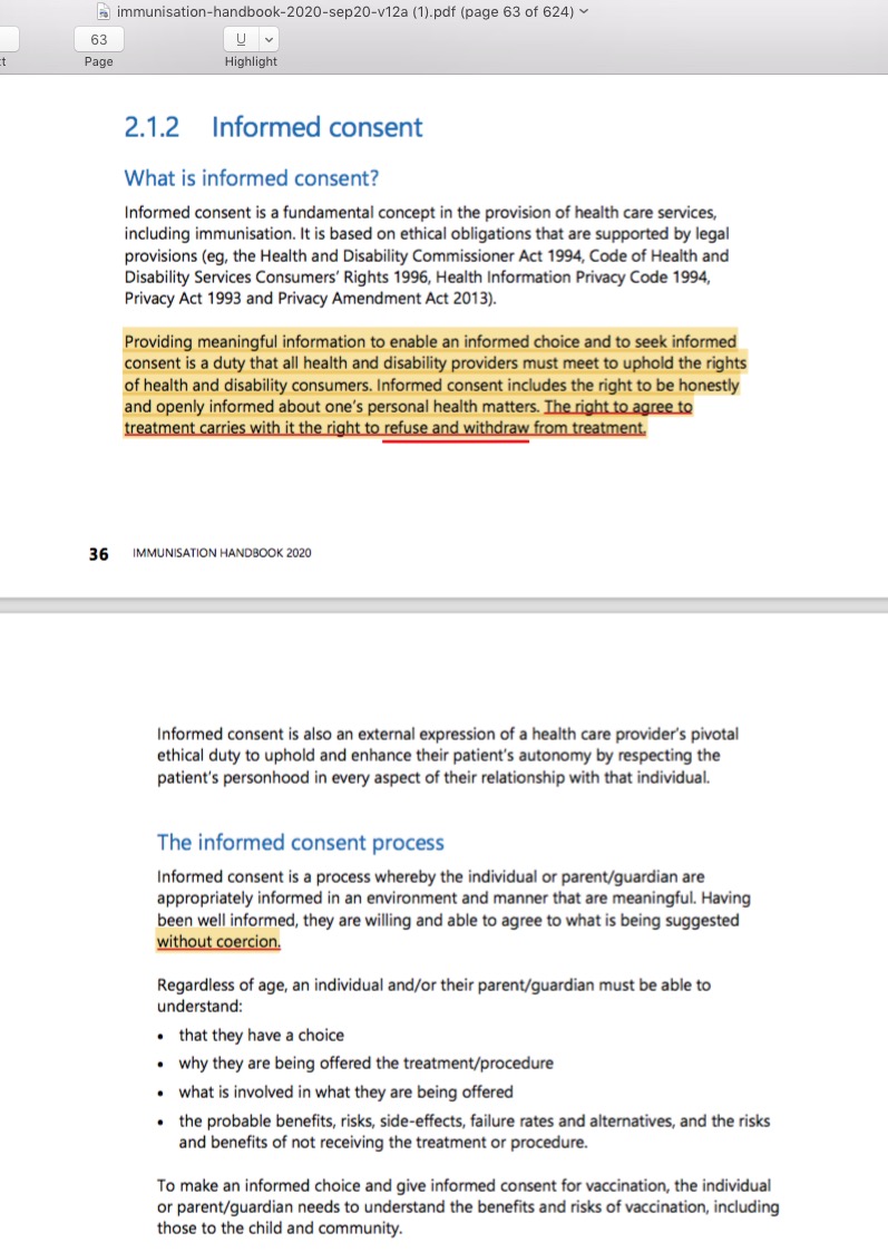 New Zealand Immunisation Handbook 2020 - Informed Consent - page 63 - Amended September 2021