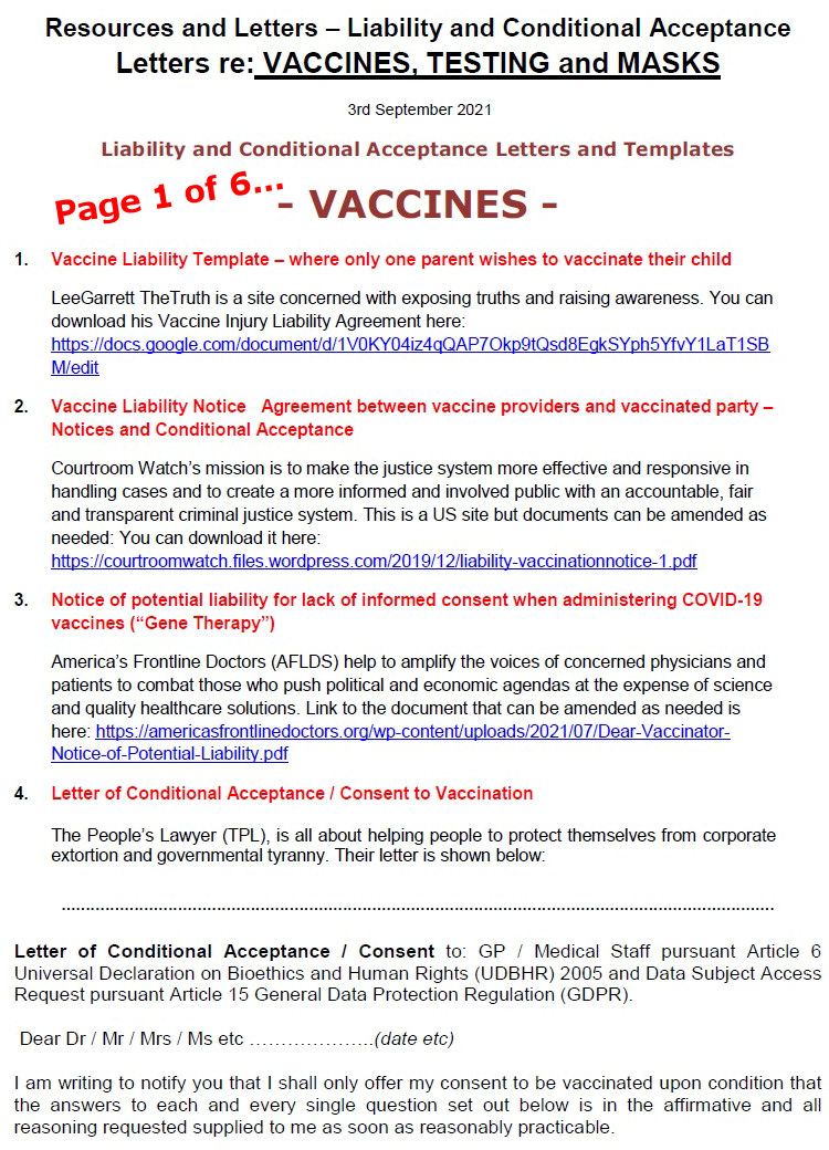 Legal Letters - Liability & Conditional Acceptance Letters & Templates re Vaccines / Testing / Masks