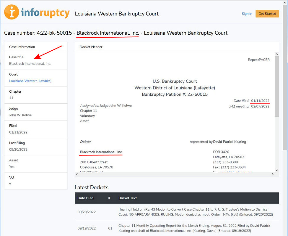 The evil Blackrock International, Inc. FILES FOR BANKRUPTCY - Louisiana Western Bankruptcy Court