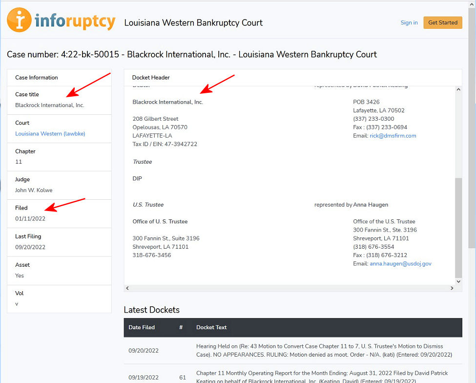 The evil Blackrock International, Inc. FILES FOR BANKRUPTCY - Louisiana Western Bankruptcy Court