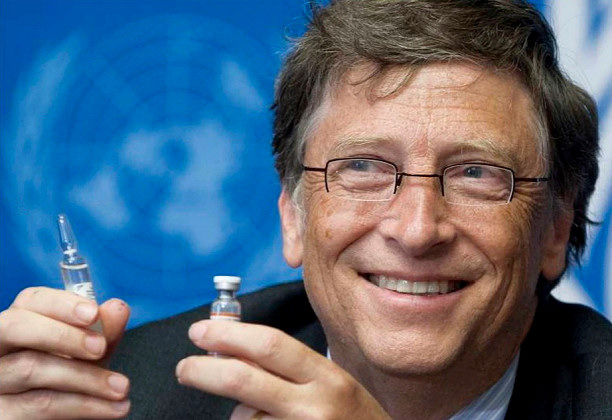 William Henry Gates III - aka Bill Gates - shows a vaccine during press conference in 2011