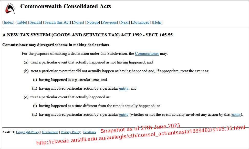Commonwealth Consolidated Acts - A NEW TAX SYSTEM (GOODS AND SERVICES TAX) ACT 1999 - SECT 165.55