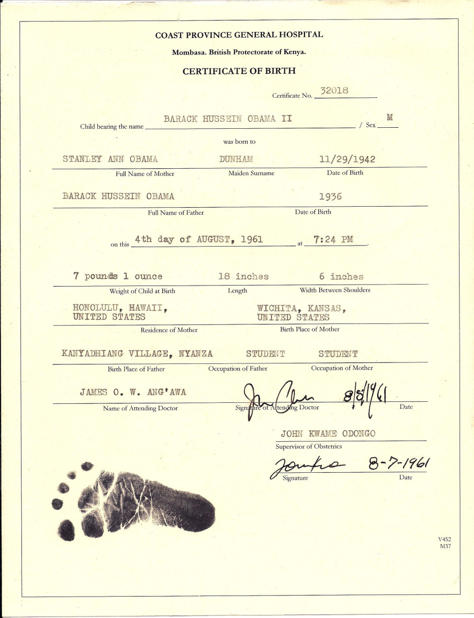 Barack Hussein Obama's Birth Certificate. Yes, he was born in Kenya, Africa