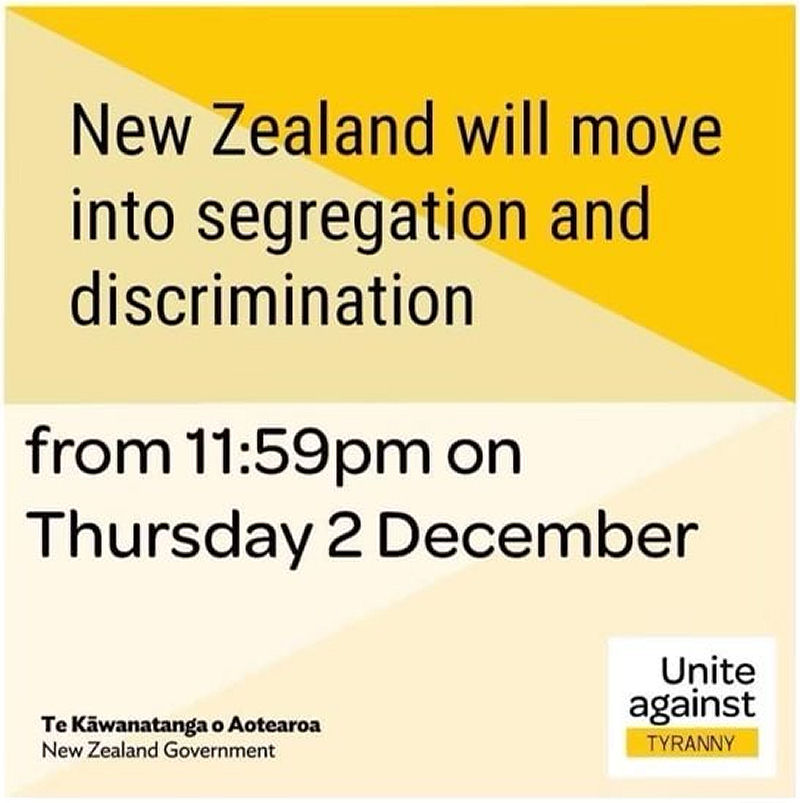 New Zealand will move into Segregation & Discrimination from: 11.59pm, Thursday, 2nd December 2021