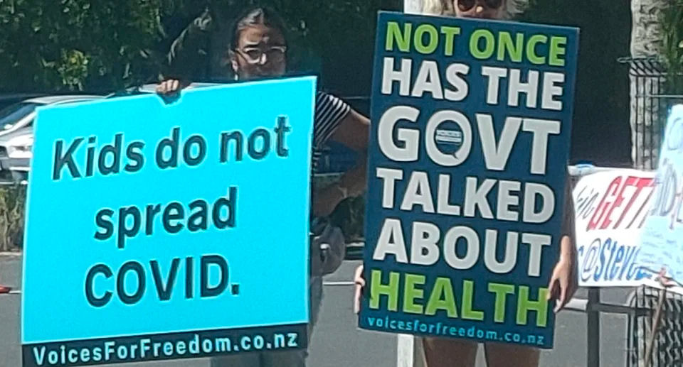 Voices For Freedom protestors at child New Zealand child vaccination centre
