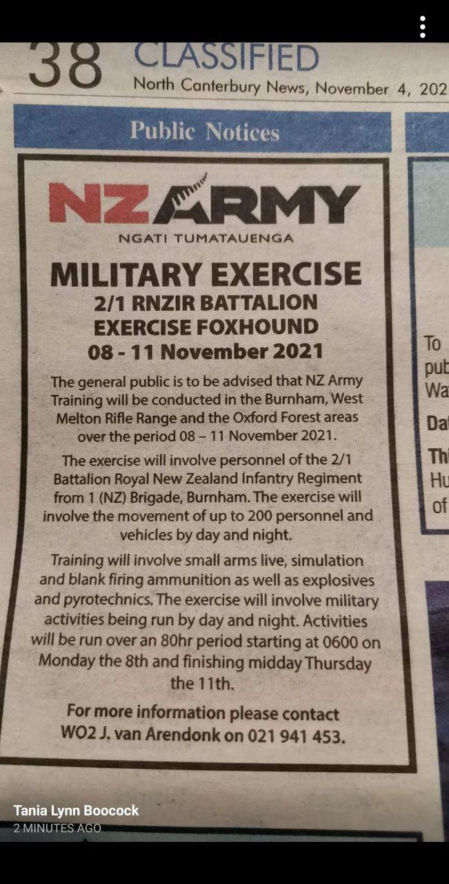 NZ Army Military Exercise - Exercise Foxhound - 8th-11th November - The same time as the Alliance are to clear 'the swamp' in NZ