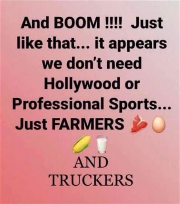 BOOM - Just like that we do not need Hollywood or Sports - just Farmers and Truckers 