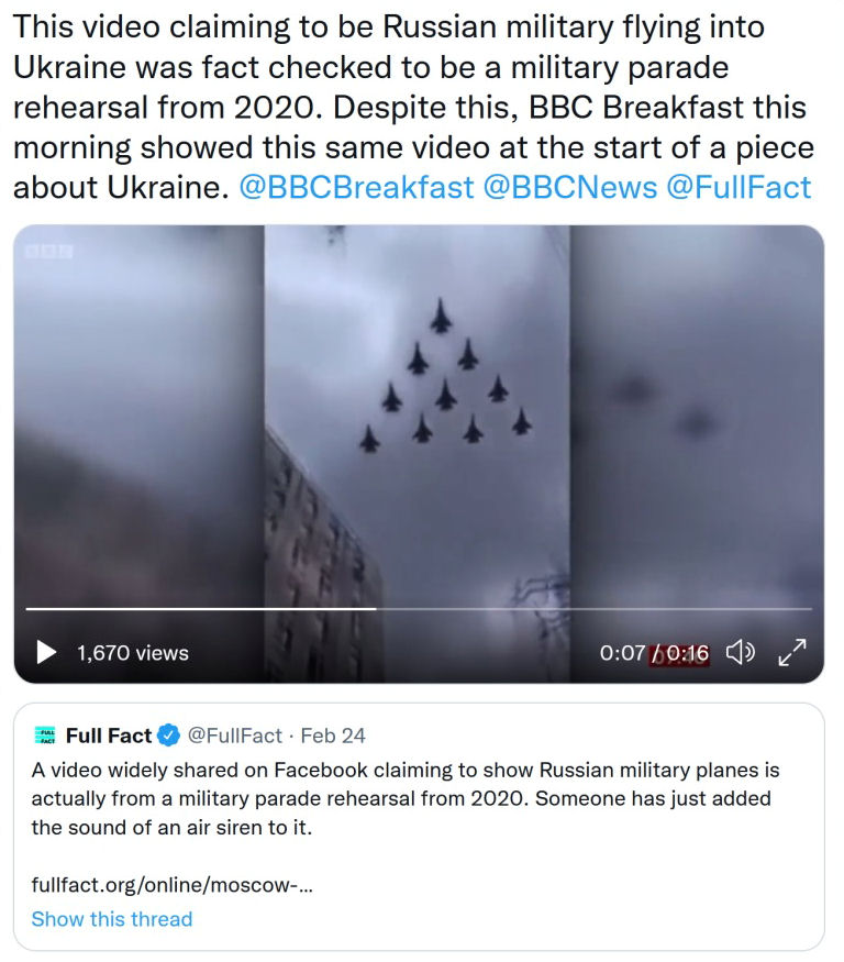 Video claiming to show planes during Russian invasion of Ukraine is actually of 2020 parade rehearsal