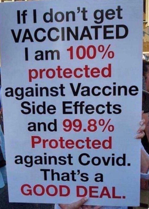 If I don't get VACCINATED I am 100% protected against VACCINE SIDE EFFECTS & 99.8% Protected against Covid. That's a GOOD DEAL!