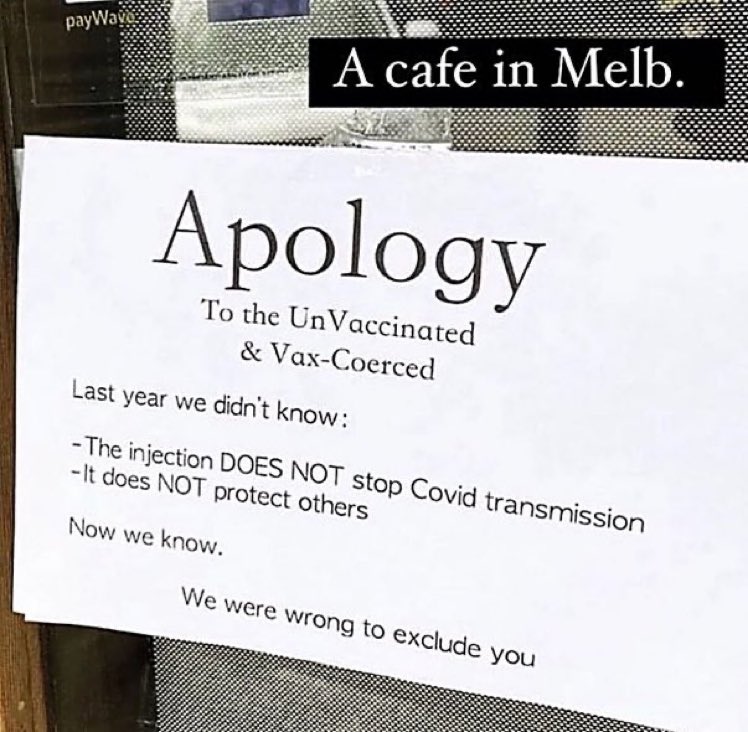 A Cafe in Melbourne - Australia Apology to the UnVaccinated and Vax-Coerced