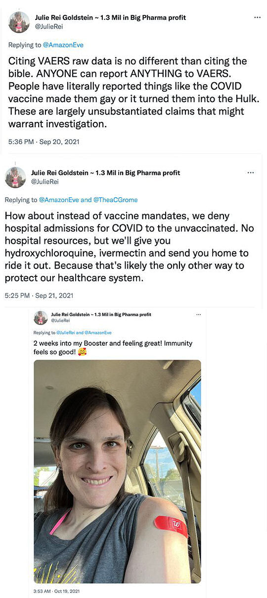 Fully Covid vaxxed trans Julie Rei Goldstein mocks the unvaccinated - then succumbs to the Clot Shot Myocarditis