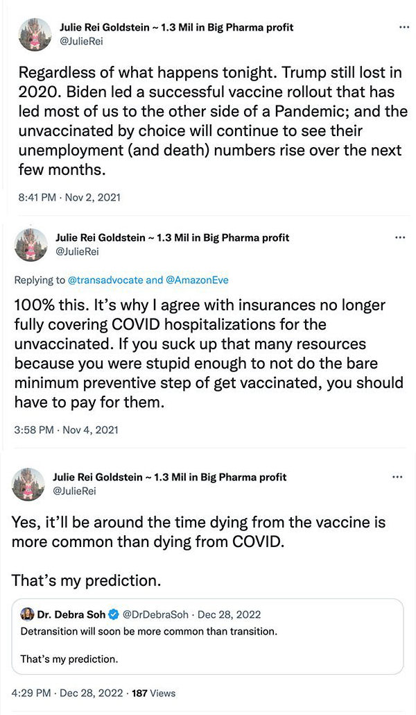 Fully Covid vaxxed trans Julie Rei Goldstein mocks the unvaccinated - then succumbs to the Clot Shot Myocarditis