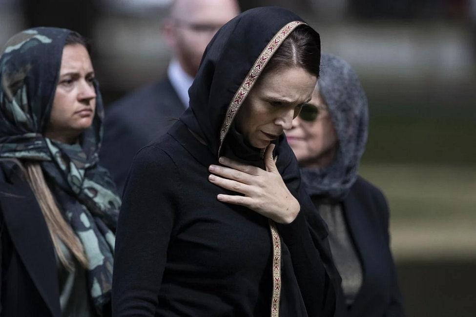 Prime Minister Jacinda Ardern leaves after the service at the call to prayer and peace vigil outside Masjid Al Noor mosque near Hagley Park. Iain McGregor