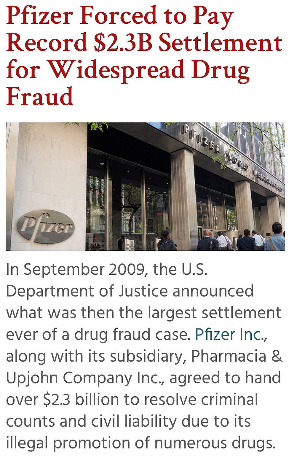 Pfizer forced to pay record $2.3B settlement for widespread drug fraud