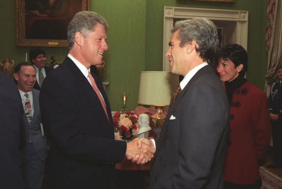 Jeffrey Epstein and President Clinton shake hands during a tour of the White House as Ghislaine Maxwell looks on, taken in 1993. William J. Clinton Presidential Library