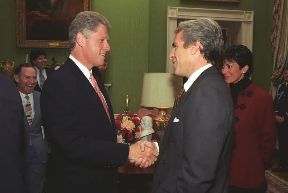 Jeffrey Epstein and President Clinton shake hands during a tour of the White House as Ghislaine Maxwell looks on, taken in 1993. William J. Clinton Presidential Library