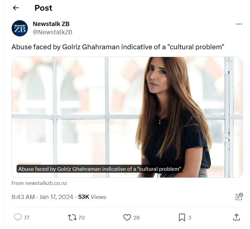 Abuse faced by Golriz Ghahraman indicative of a cultural problem